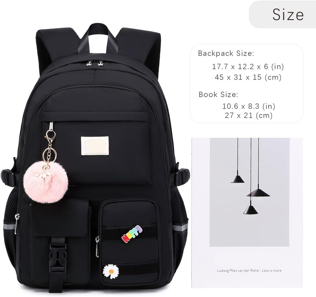 Lucia Large Black Laptop Backpack for College with Pom-Pom Charm and Luggage Strap
