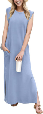 Coralie Women's Sleeveless Maxi Dress with Side Slit, Pockets & Wrinkle-Resistant Fabric