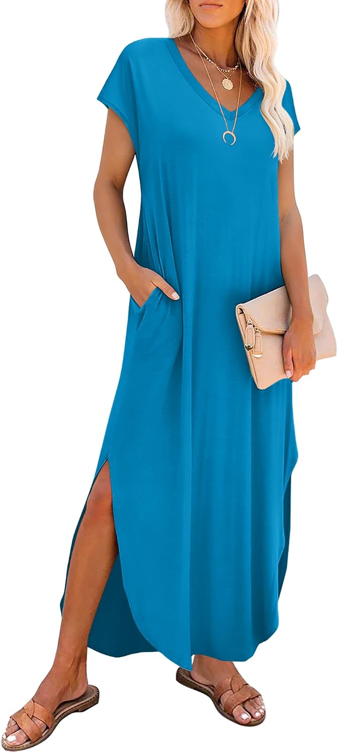 Mireya V-Neck Cap Sleeve Maxi Dress with Side Slits and Pockets for Everyday Summer Style