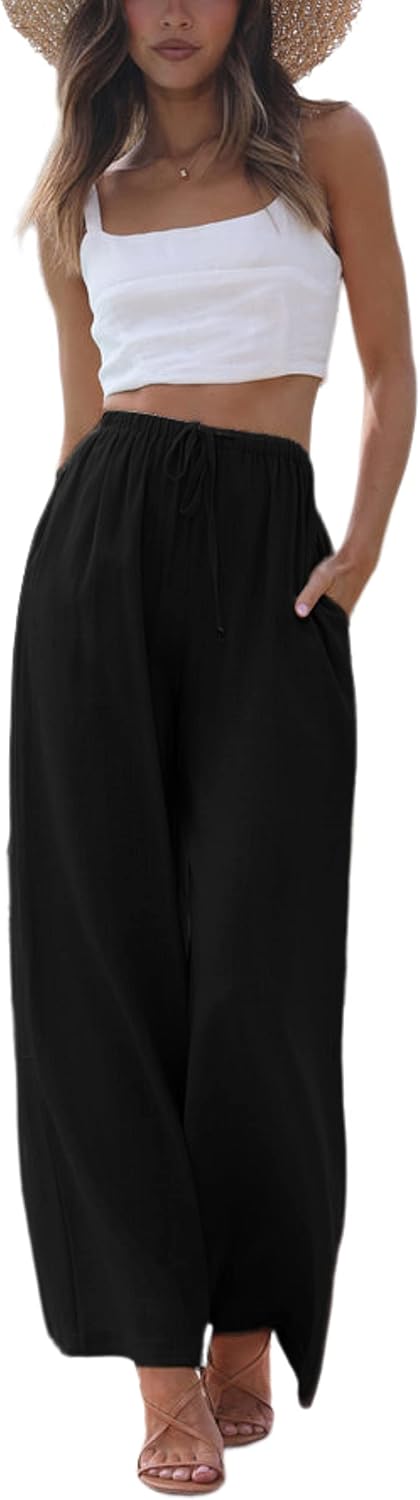 Noelle - Cotton Linen Wide Leg Palazzo Pants with Drawstring Waist and Side Pockets