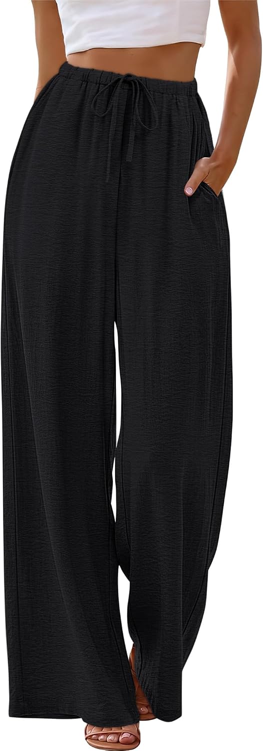 Lualhati - Flowy Wide Leg Palazzo Pants with Drawstring Waist and Side Pockets
