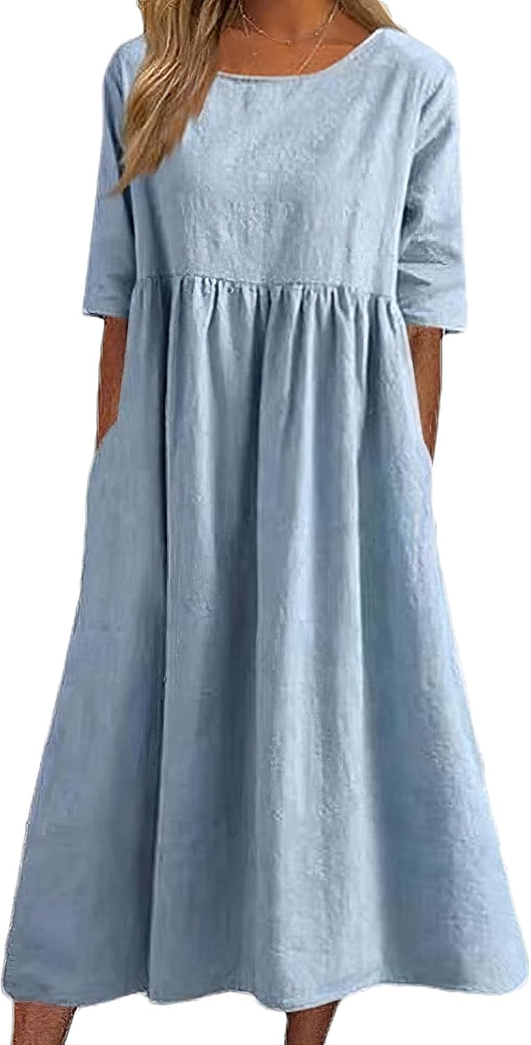 Elowen Cotton Linen Blend Maxi Dress with Round Neck, Short Sleeves and Side Pockets