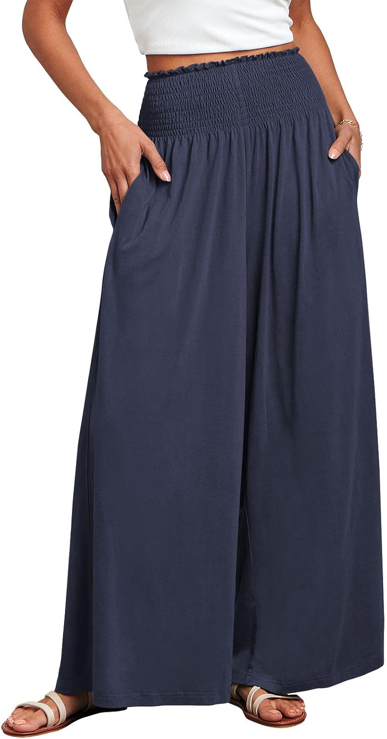 Fatima - Smocked High Waist Wide Leg Palazzo Pants with Pockets and Relaxed Fit