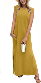Coralie Women's Sleeveless Maxi Dress with Side Slit, Pockets & Wrinkle-Resistant Fabric