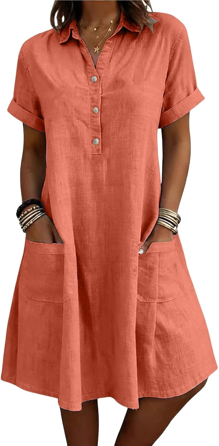Evelina Linen Blend Shirt Dress – Short Sleeve Midi Dress with Pockets