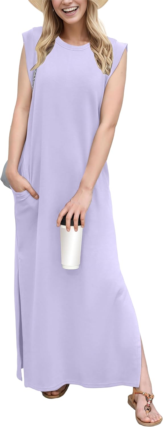 Coralie Women's Sleeveless Maxi Dress with Side Slit, Pockets & Wrinkle-Resistant Fabric