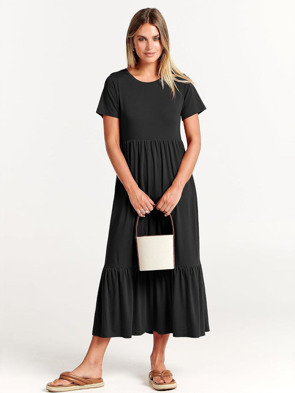 Brielle Women's Tiered Maxi Dress with Short Sleeves, Crew Neck & Side Pockets
