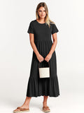 Brielle Women's Tiered Maxi Dress with Short Sleeves, Crew Neck & Side Pockets