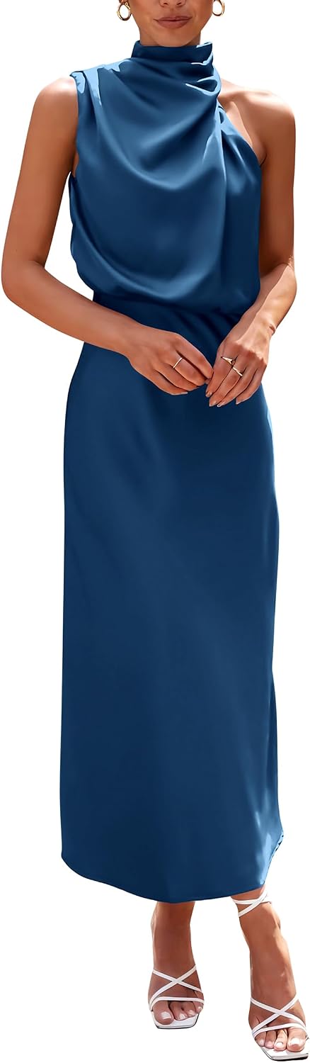 Vivienne Women's Satin Mock Neck Maxi Dress with Asymmetrical Shoulder & Flowy Skirt