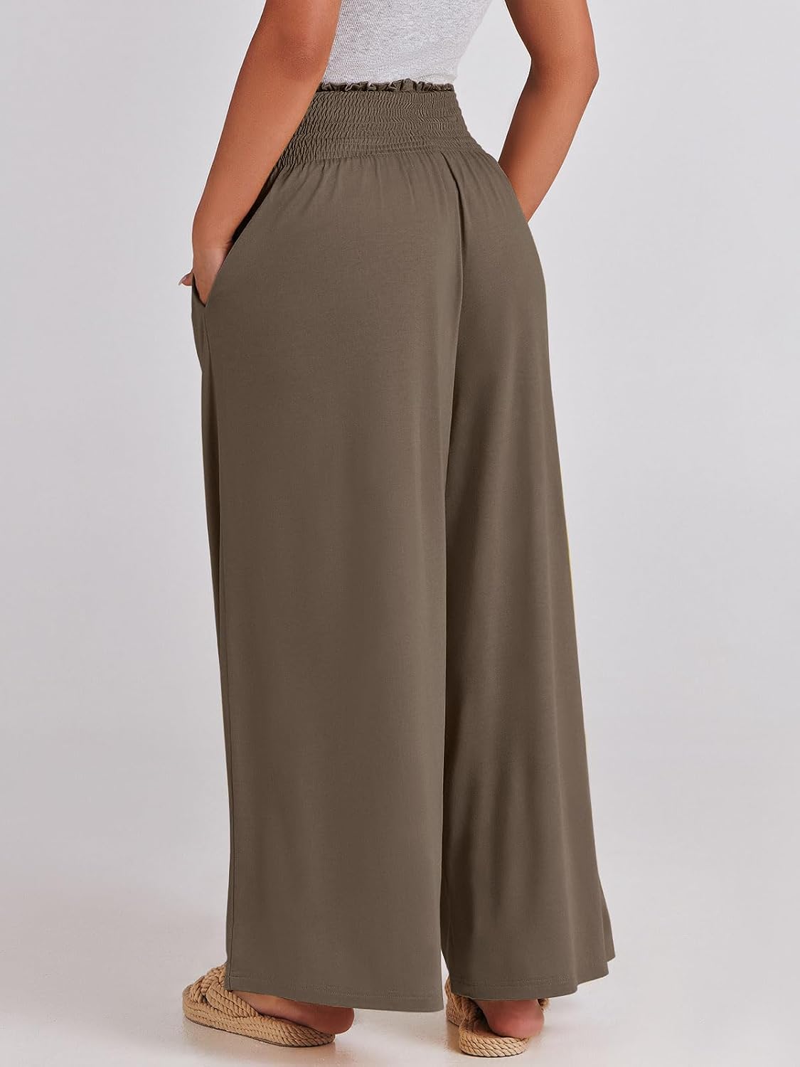 Fatima - Smocked High Waist Wide Leg Palazzo Pants with Pockets and Relaxed Fit