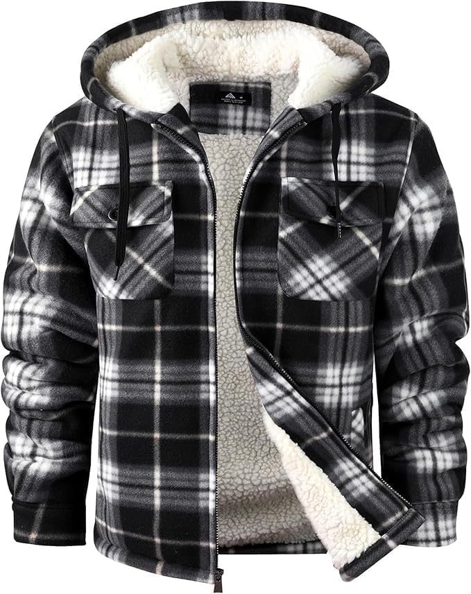 Aoibhinn Men's Plaid Flannel Jacket – Sherpa Lined, With Hood, Full-Length Zipper & 4 Handy Pockets