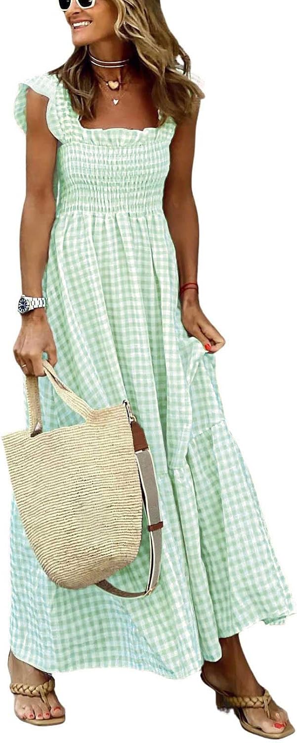 Genevieve Women's Plaid Smocked Midi Dress with Ruffle Straps, Square Neck & Pockets