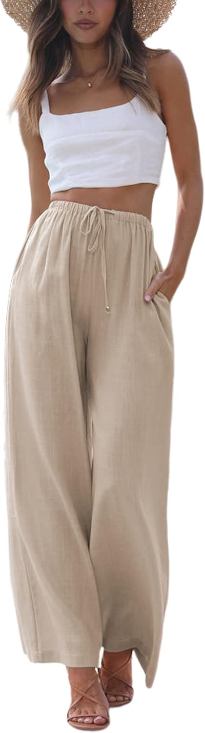 Noelle - Cotton Linen Wide Leg Palazzo Pants with Drawstring Waist and Side Pockets