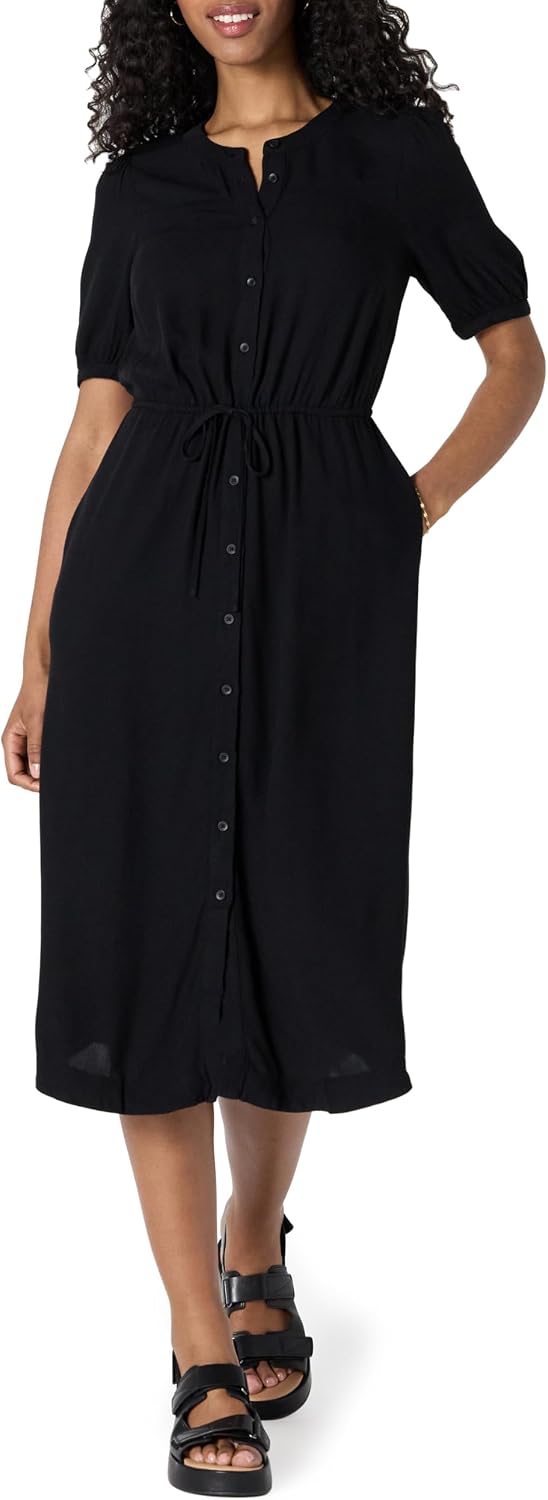 Sylviane Women's Button-Front Midi Dress with Drawstring Waist & Half Sleeves