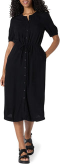 Sylviane Women's Button-Front Midi Dress with Drawstring Waist & Half Sleeves