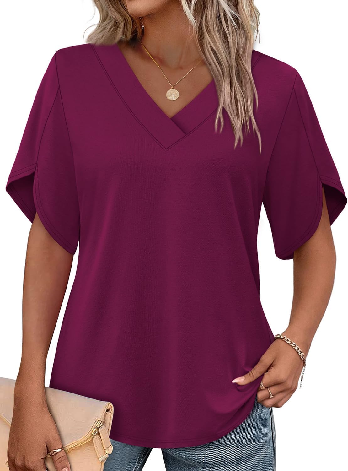 Floriane Women's V-Neck Petal Sleeve Blouse with Relaxed Everyday Fit