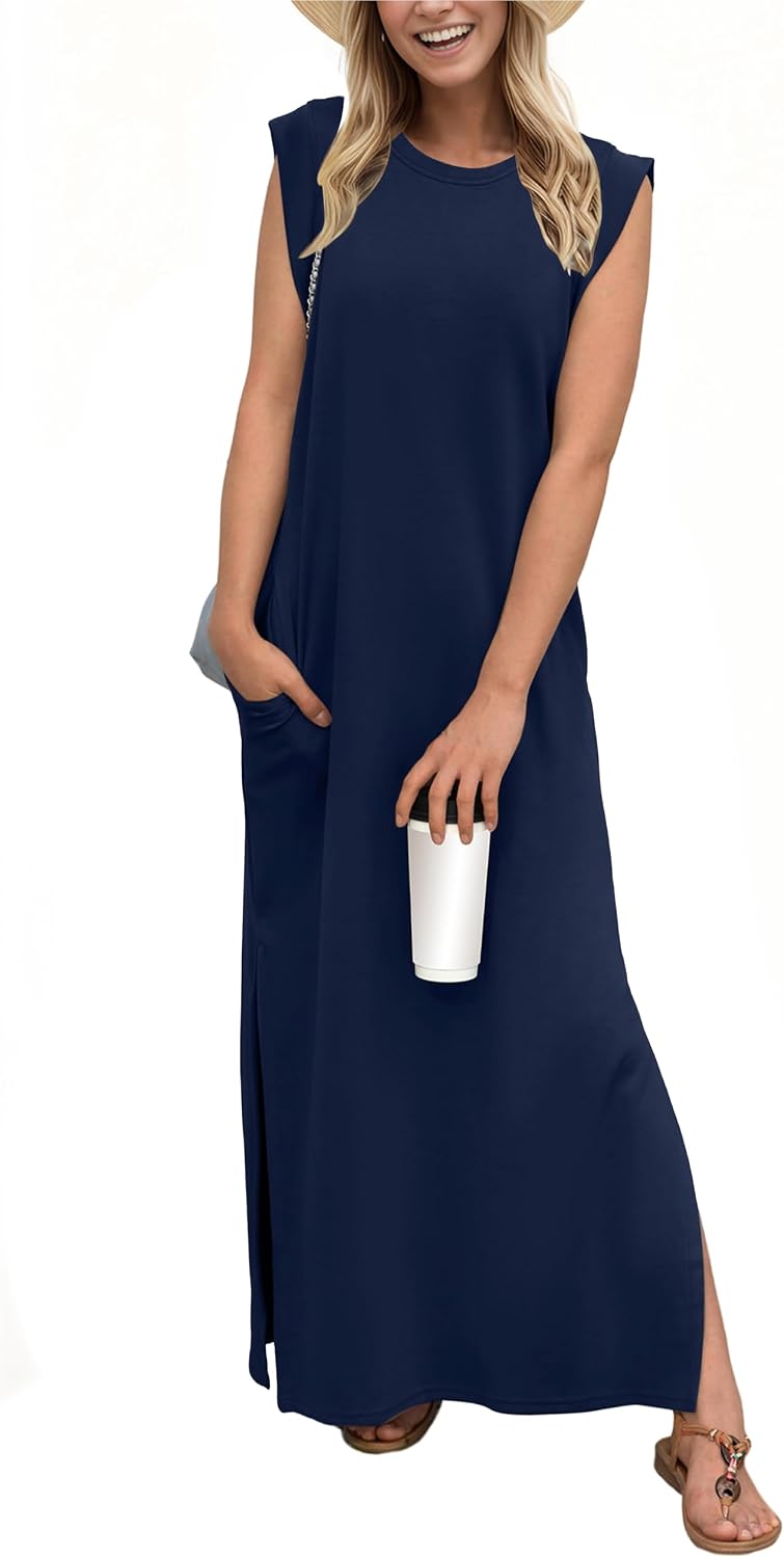 Coralie Women's Sleeveless Maxi Dress with Side Slit, Pockets & Wrinkle-Resistant Fabric