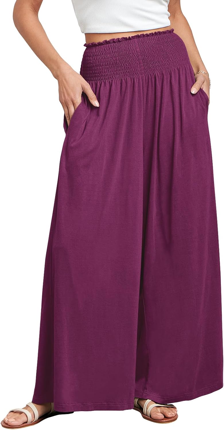 Fatima - Smocked High Waist Wide Leg Palazzo Pants with Pockets and Relaxed Fit