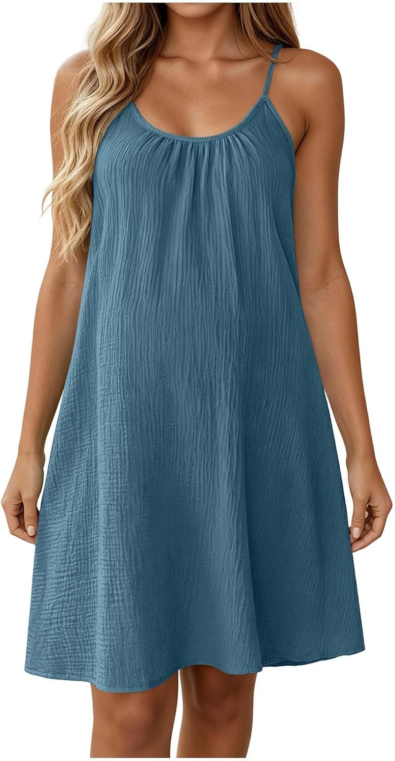Amélie Cotton Linen Swing Dress – Sleeveless Spaghetti Strap Mini Sundress