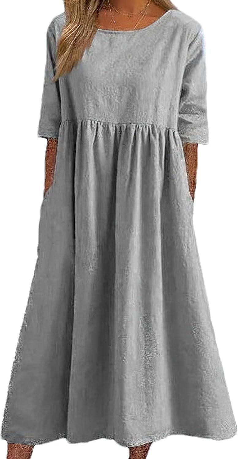 Elowen Cotton Linen Blend Maxi Dress with Round Neck, Short Sleeves and Side Pockets