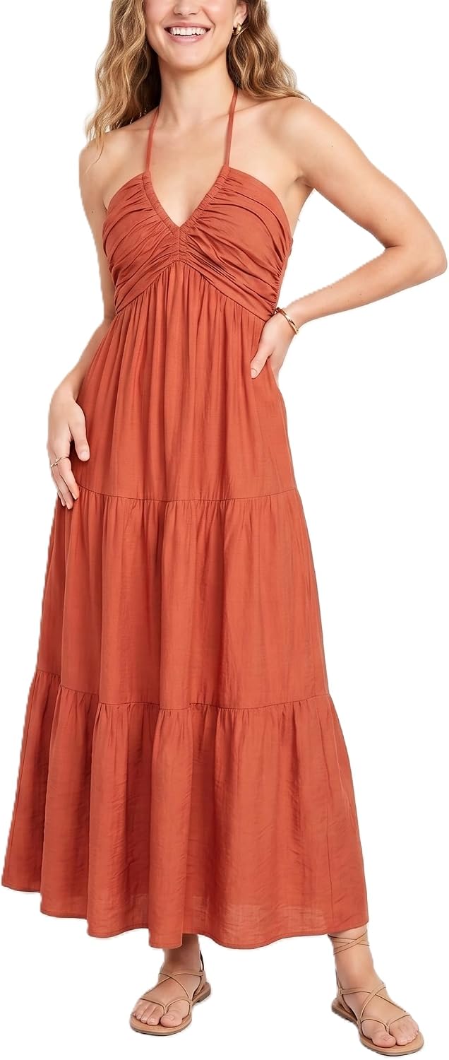 Soleia Women's Twist Halter Maxi Dress with Tiered Skirt, Cut-Out Detail & Pockets