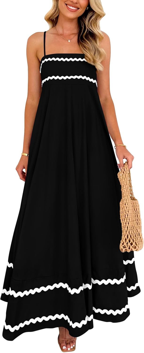 Elowyn Women's Square Neck Maxi Dress with Smocked Back, Ruffle Hem & Pockets