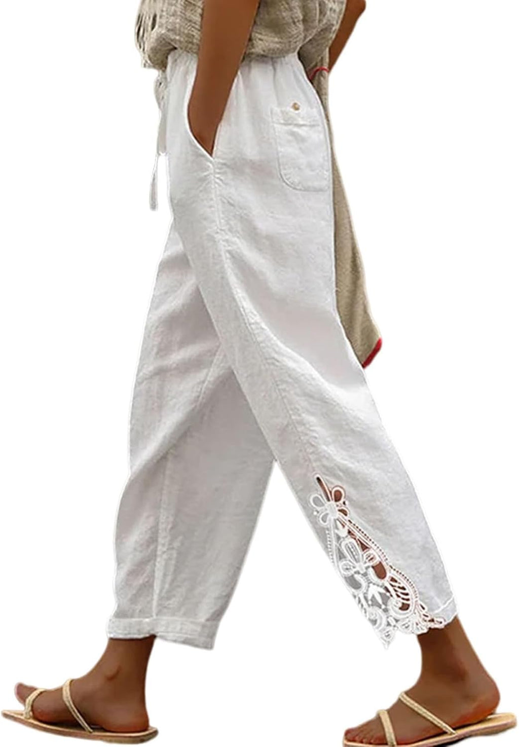 Blaire - Cotton Capri Pants with Lace Hem, Drawstring Waist, Pockets and Loose Fit