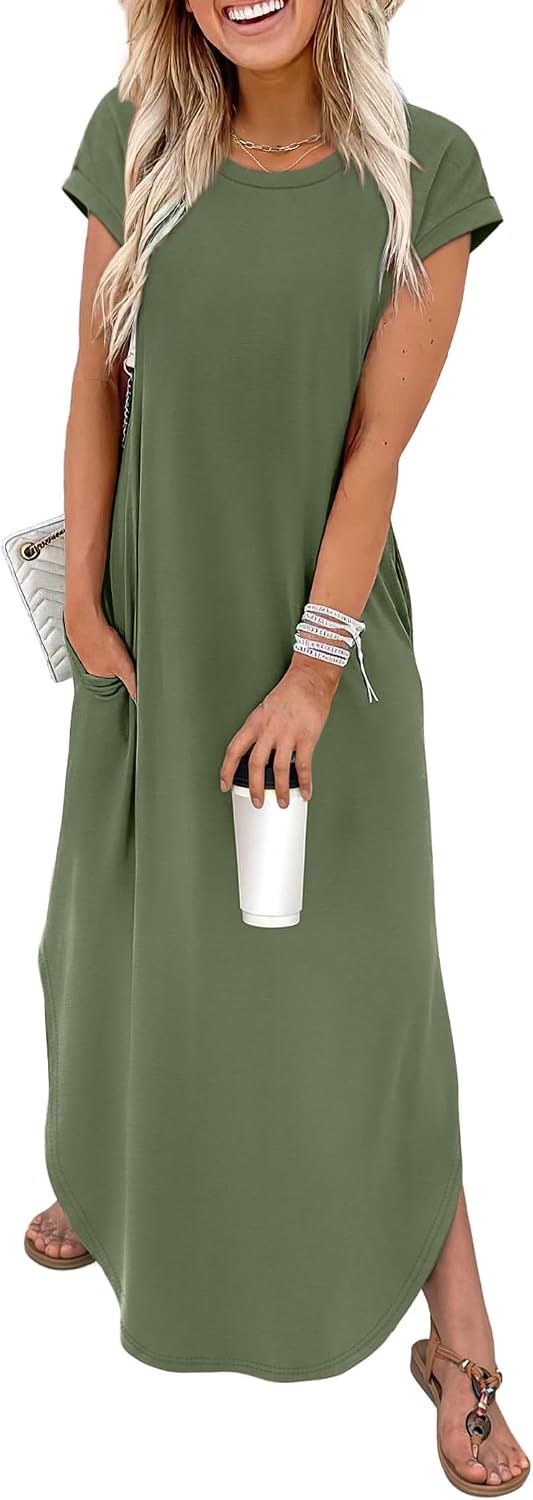 Aveline Women's Cap Sleeve Maxi Dress with Crew Neck, Side Pockets & Flowy Silhouette