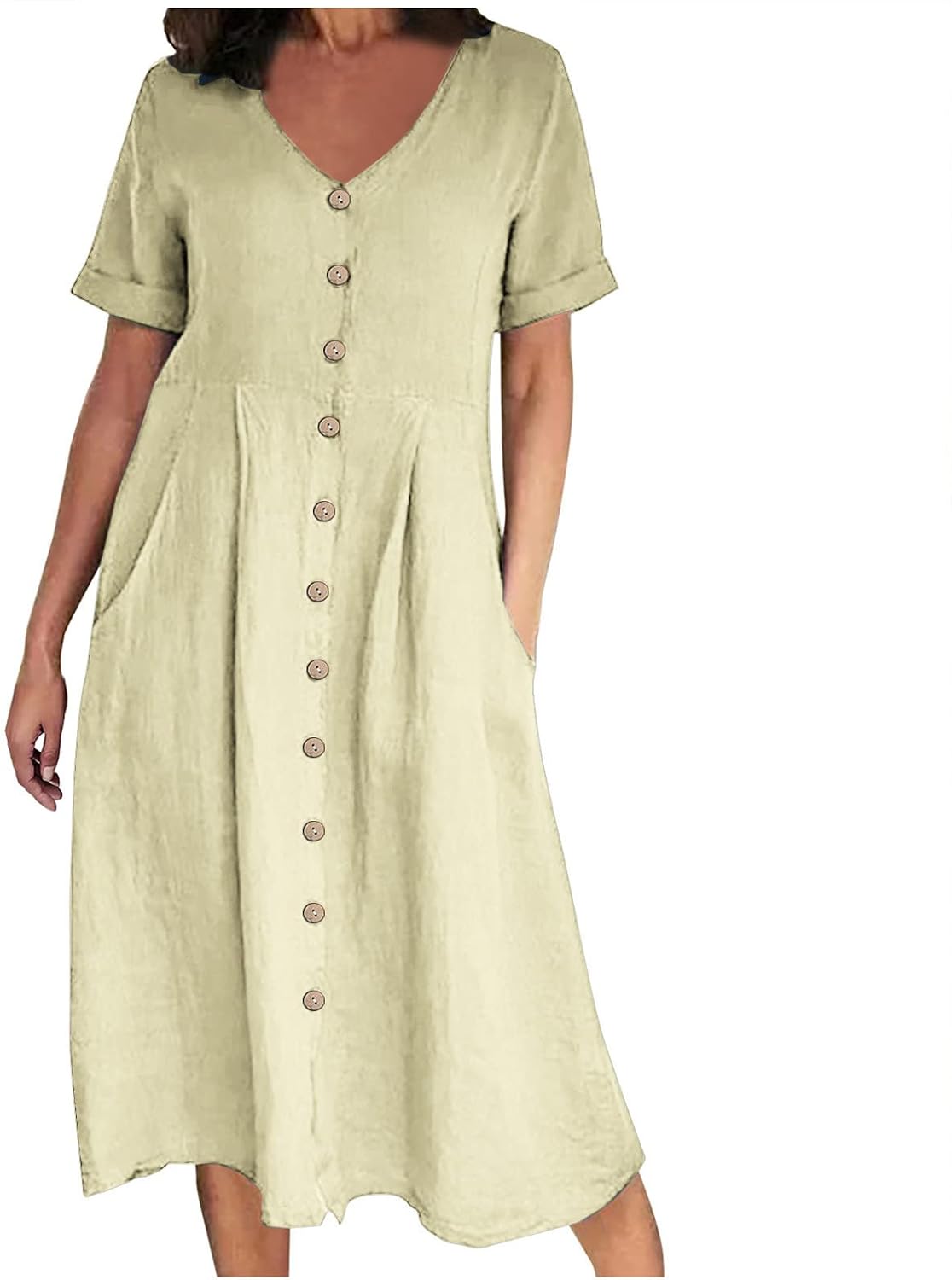 Althea Cotton Linen Blend Button Front Midi Dress with V-Neck and Side Pockets