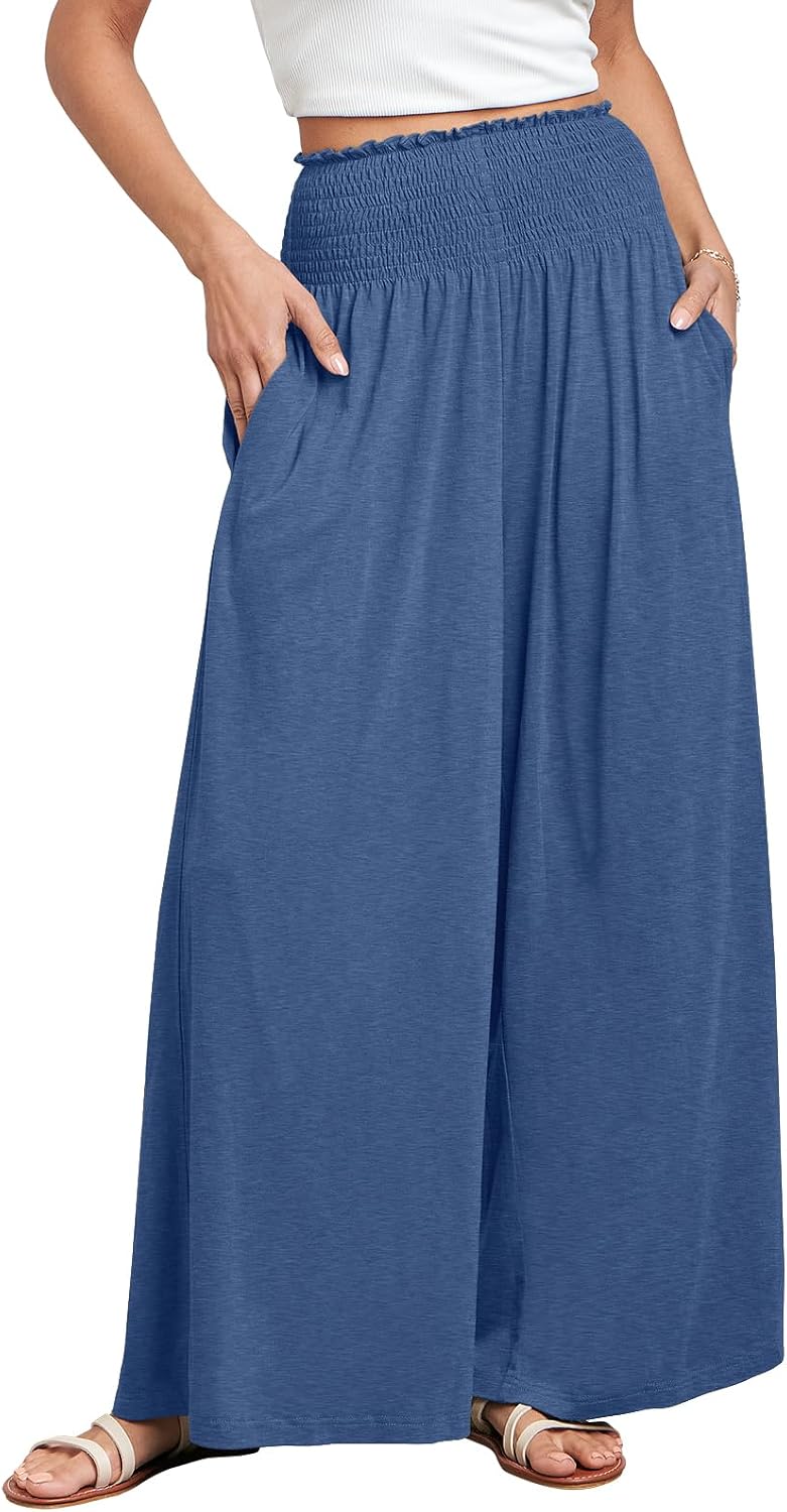 Fatima - Smocked High Waist Wide Leg Palazzo Pants with Pockets and Relaxed Fit
