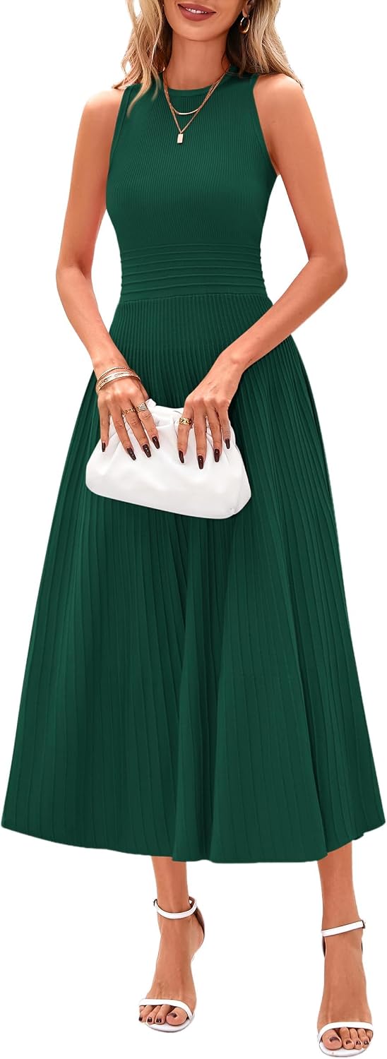 Elise Women's Pleated A-Line Midi Dress with Sleeveless Crew Neck & High Waist