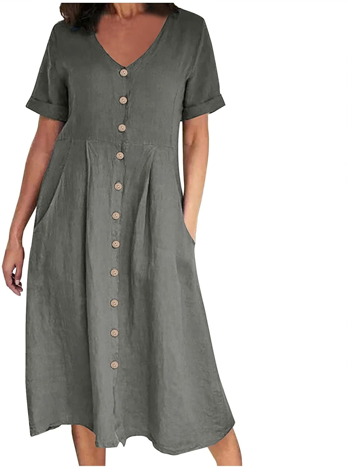Althea Cotton Linen Blend Button Front Midi Dress with V-Neck and Side Pockets