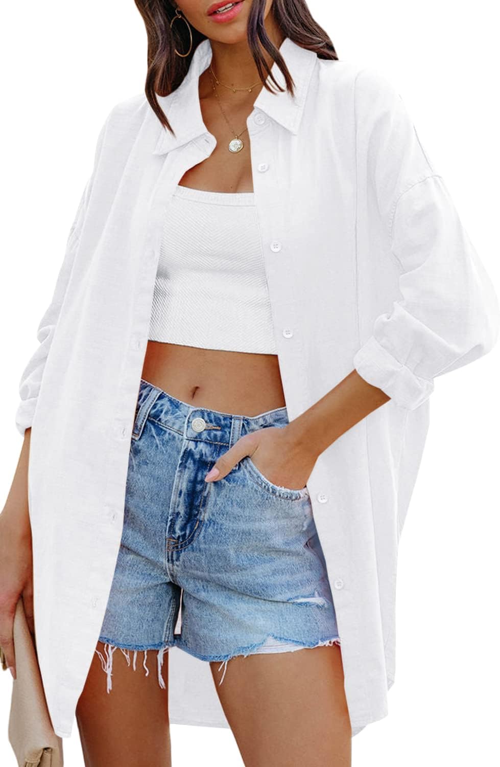 Jelai - Oversized Linen Blend Button-Down Blouse with Long Sleeves and Chest Pocket