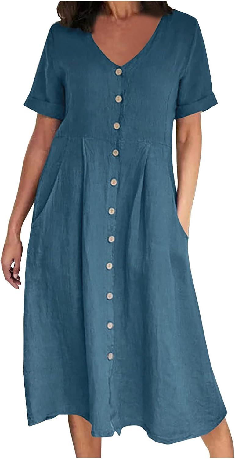 Althea Cotton Linen Blend Button Front Midi Dress with V-Neck and Side Pockets
