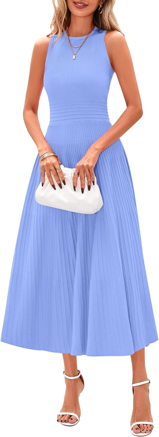 Elise Women's Pleated A-Line Midi Dress with Sleeveless Crew Neck & High Waist
