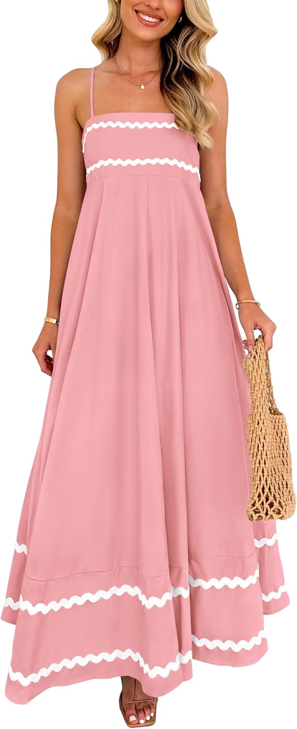 Elowyn Women's Square Neck Maxi Dress with Smocked Back, Ruffle Hem & Pockets