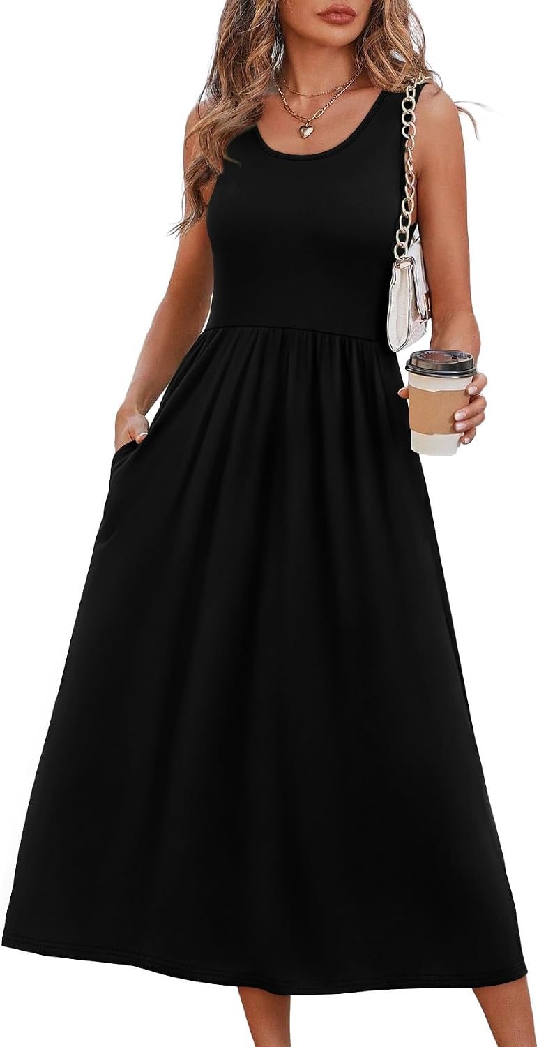 Maeve Women's Sleeveless Midi Dress with Empire Waist, Flowy A-Line Skirt & Side Pockets