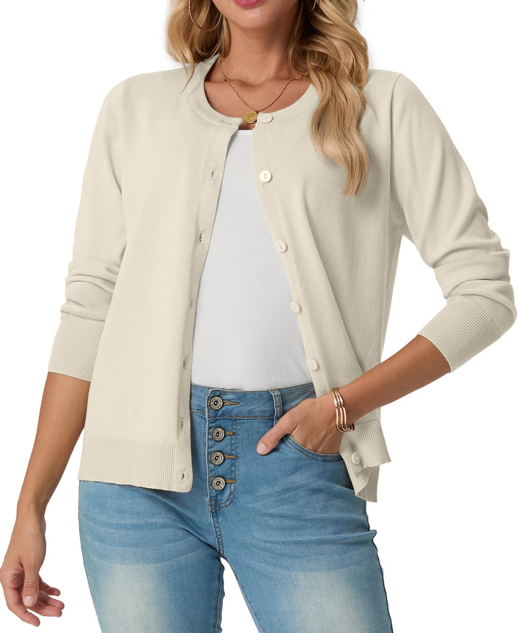 Roxanne - Classic Crew Neck Button Knit Cardigan Sweater for Everyday Layering Women