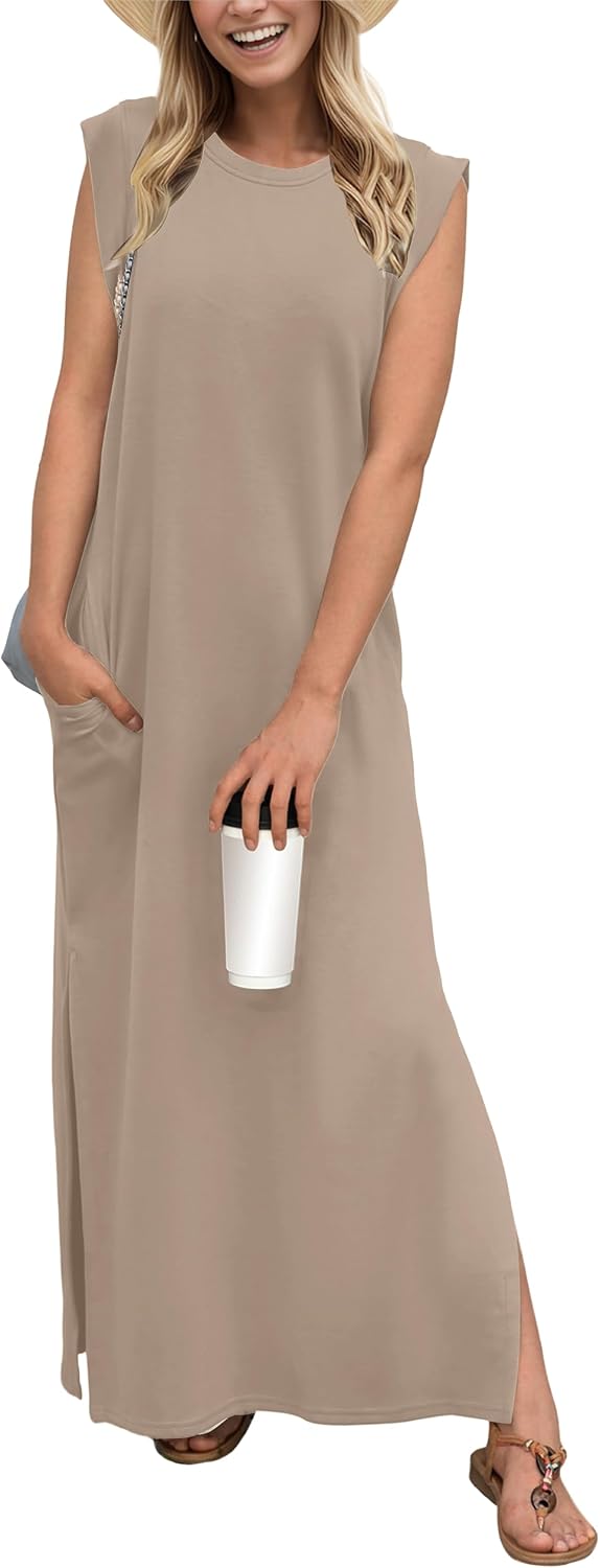 Coralie Women's Sleeveless Maxi Dress with Side Slit, Pockets & Wrinkle-Resistant Fabric