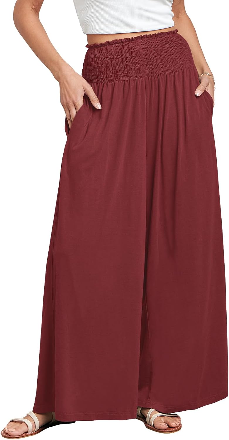 Fatima - Smocked High Waist Wide Leg Palazzo Pants with Pockets and Relaxed Fit