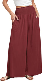 Fatima - Smocked High Waist Wide Leg Palazzo Pants with Pockets and Relaxed Fit