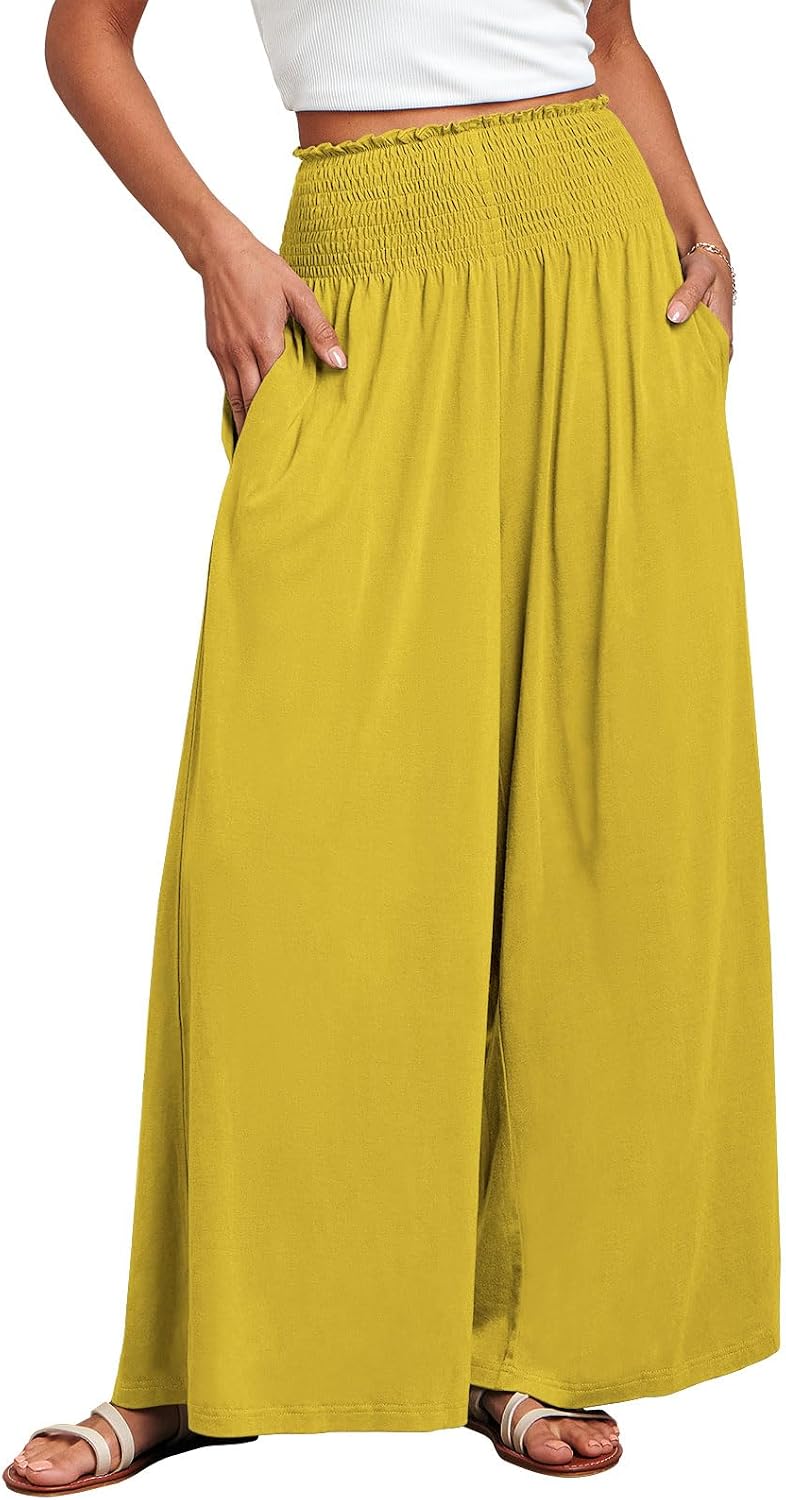 Fatima - Smocked High Waist Wide Leg Palazzo Pants with Pockets and Relaxed Fit
