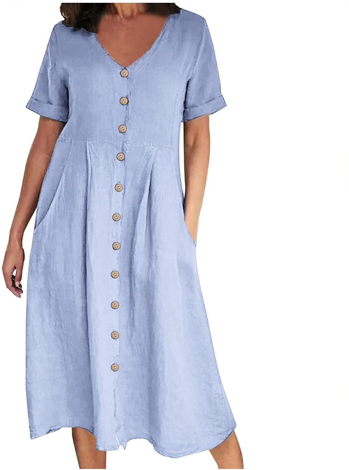Althea Cotton Linen Blend Button Front Midi Dress with V-Neck and Side Pockets