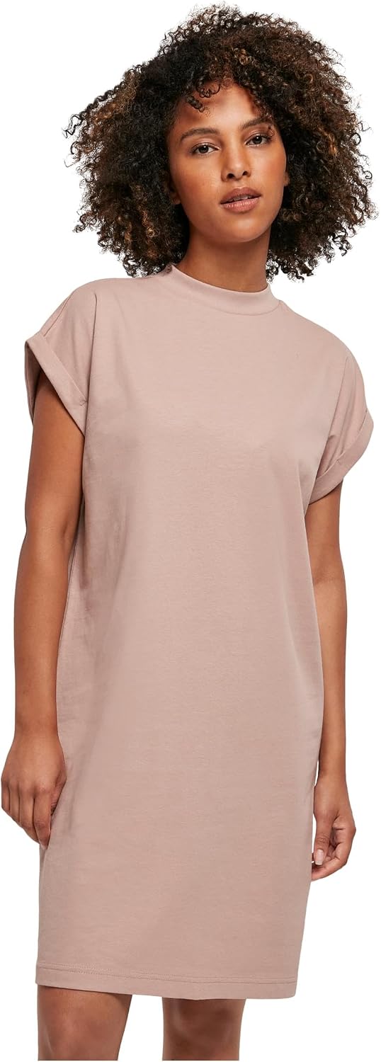 Ysabelle Cotton Drop Shoulder Mini Dress with Mock Neck and Rolled Sleeves Casual Style