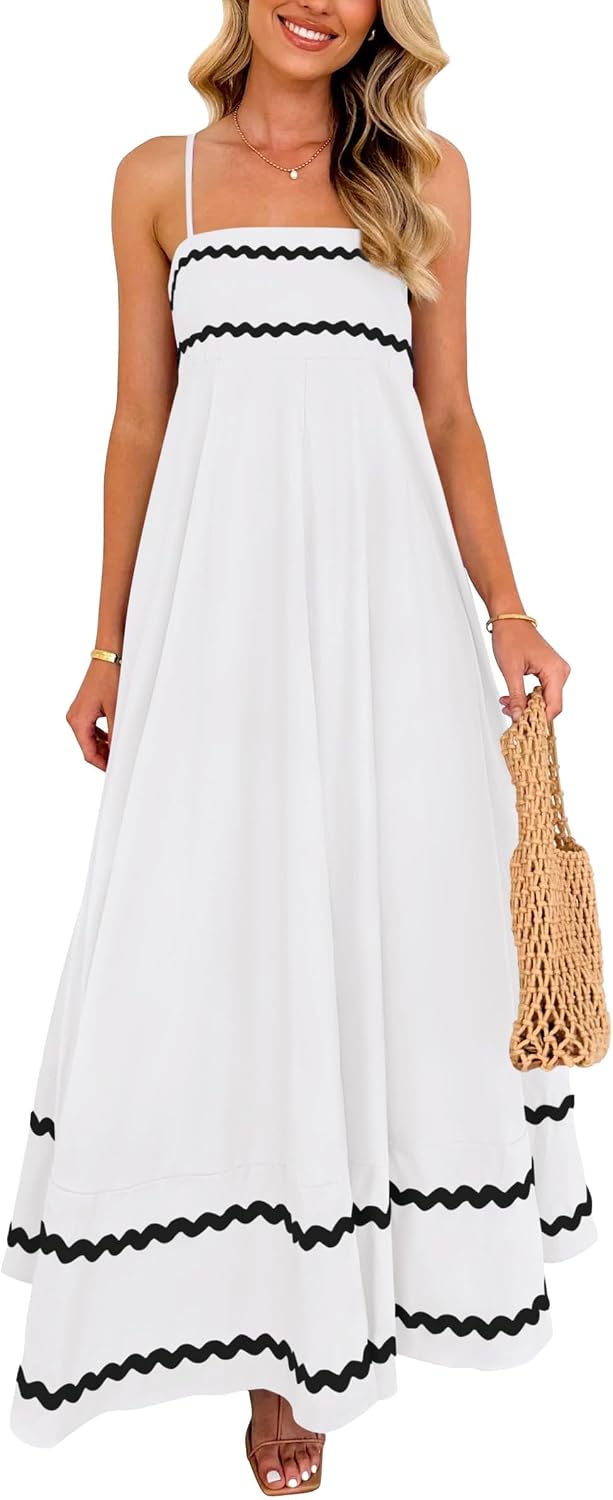 Elowyn Women's Square Neck Maxi Dress with Smocked Back, Ruffle Hem & Pockets