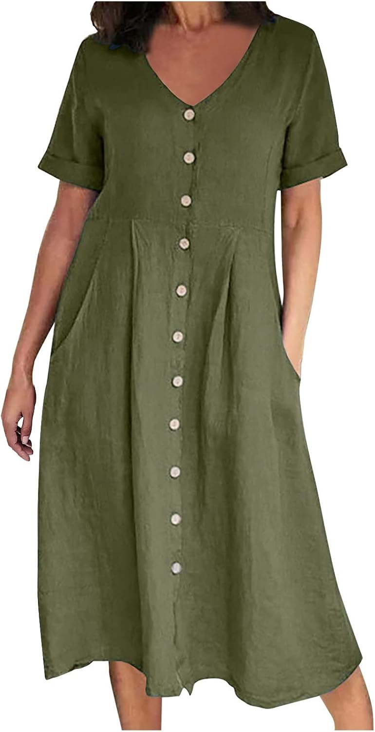 Althea Cotton Linen Blend Button Front Midi Dress with V-Neck and Side Pockets