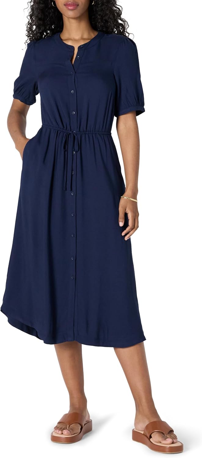 Sylviane Women's Button-Front Midi Dress with Drawstring Waist & Half Sleeves