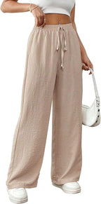 Alessia Linen Blend Wide Leg Summer Trousers with High Waist Drawstring and Side Pockets