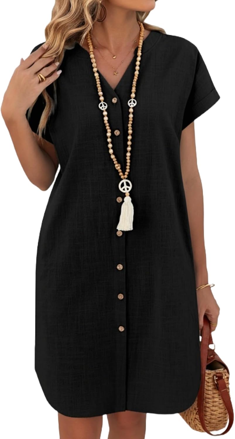 Isolde Cotton Linen Summer Shirt Dress with Short Sleeves, Buttons and Pockets