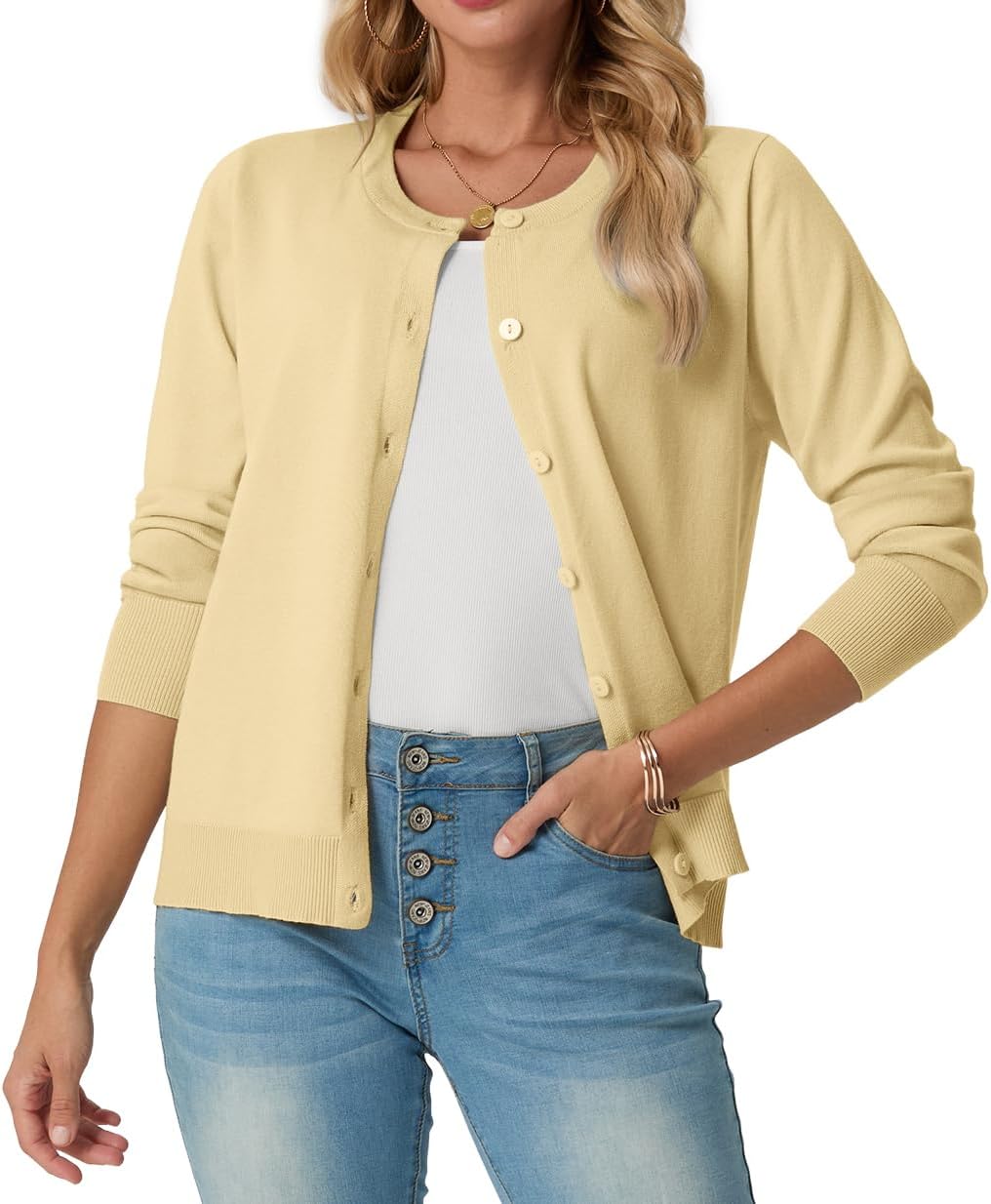 Roxanne - Classic Crew Neck Button Knit Cardigan Sweater for Everyday Layering Women